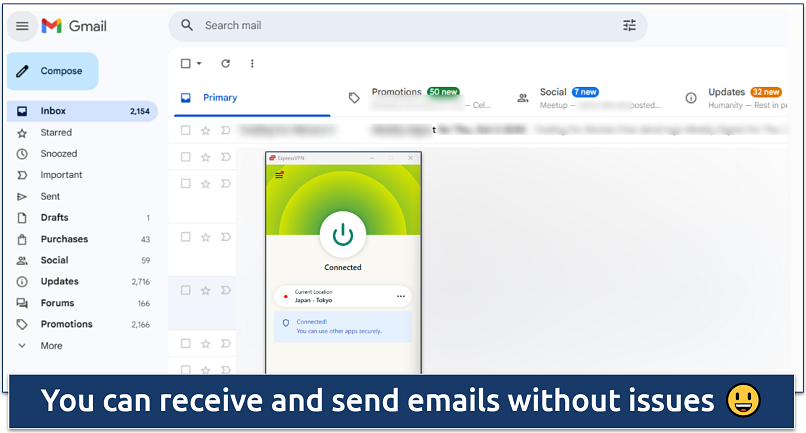 Gmail inbox open on a desktop with ExpressVPN connected to a Japan server in the background.