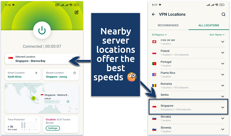 Screenshots showing a VPN connected and another with server locations