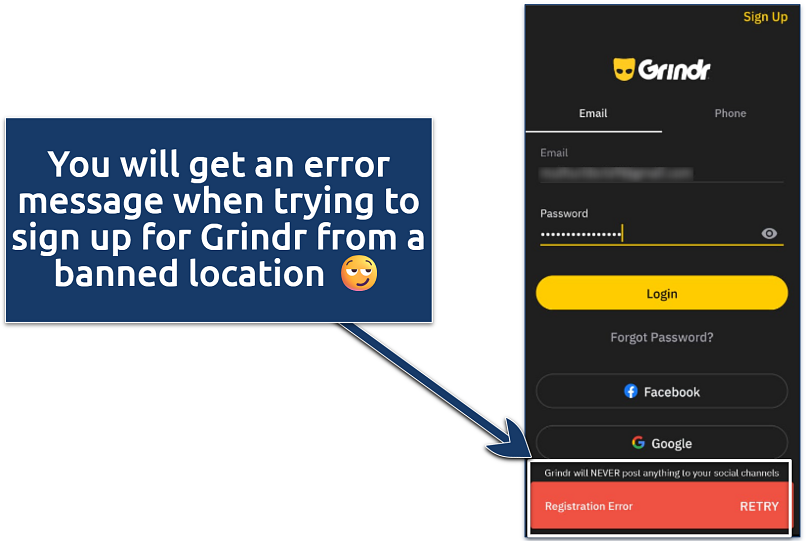An image showing a registration error message on Grindr