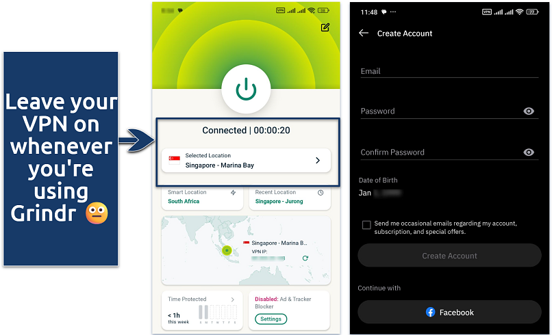An image showing a VPN connected to Singapore and the Grindr sign up screen on phone