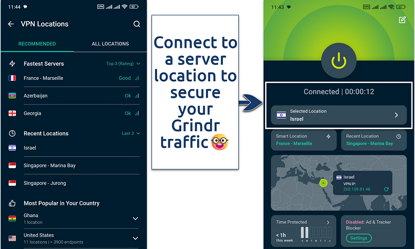 A screenshot showing VPN app on phone connected to Israel
