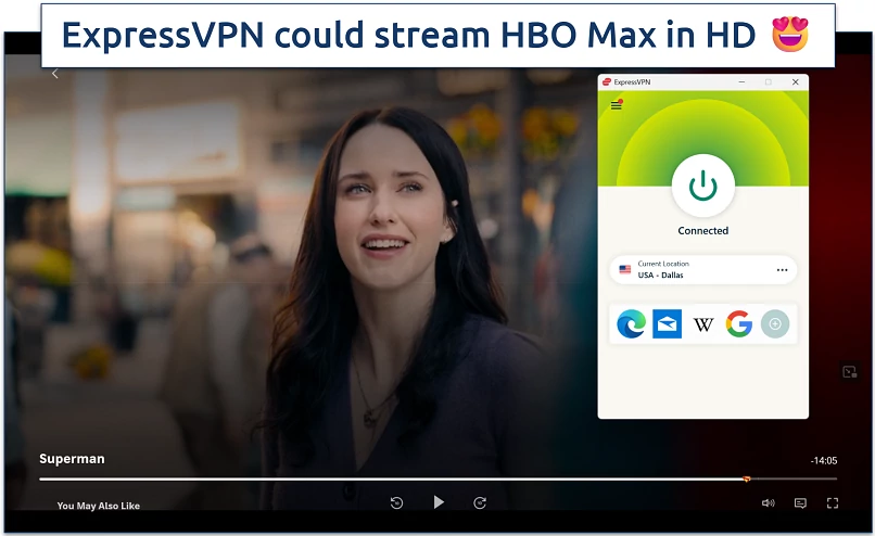 Screenshot of Superman 2025 streaming on the HBO Max player while connected to a VPN app's Dallas server