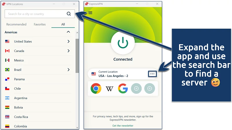 Screenshots of the VPN app for Windows connected to the USA – Los Angeles server, with the server location menu open