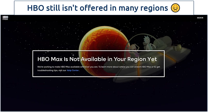 Screenshot of the HBO Max region blocked page