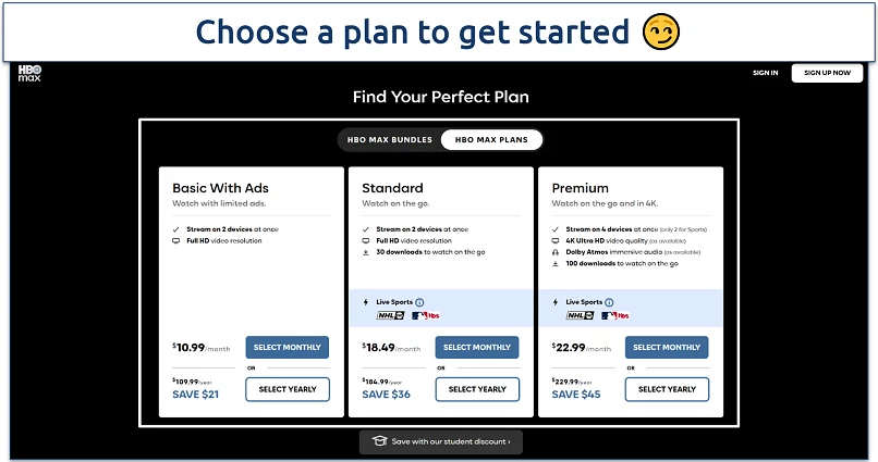 Screenshot of the HBO Max pricing page with the different plans