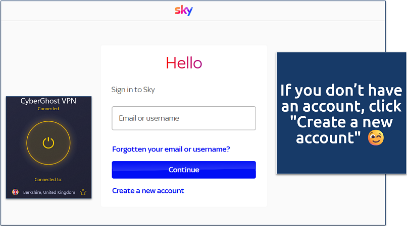 CyberGhost VPN connected to UK server with Sky login page displayed