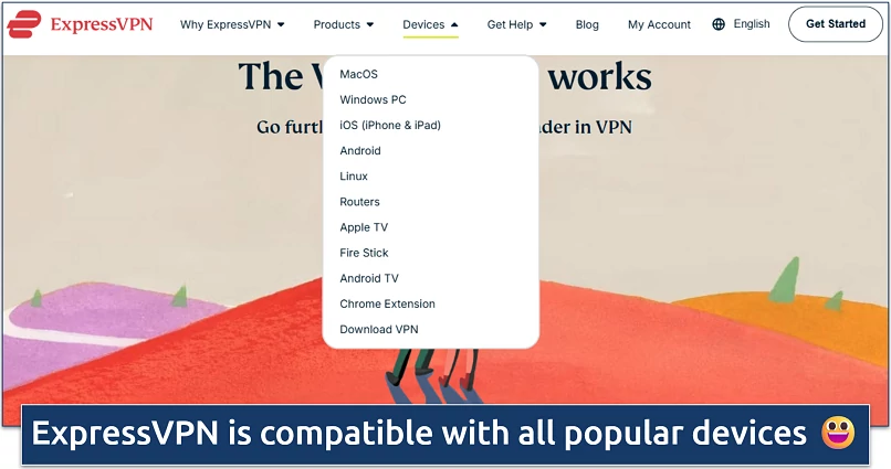 VPN app website dropdown showing supported devices list