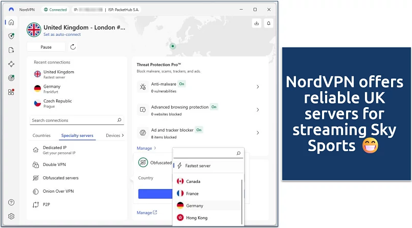NordVPN app connected to United Kingdom server