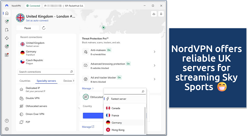 NordVPN app connected to United Kingdom server