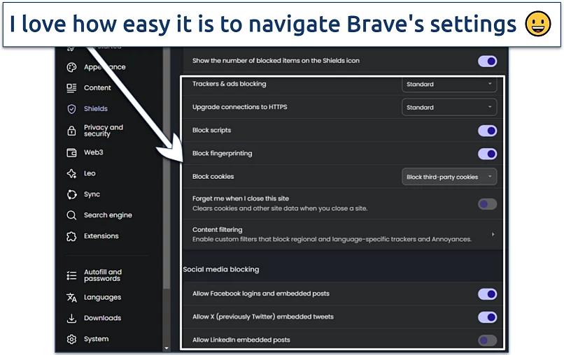 Image displaying the settings page of Brave Browser with Shields options opened