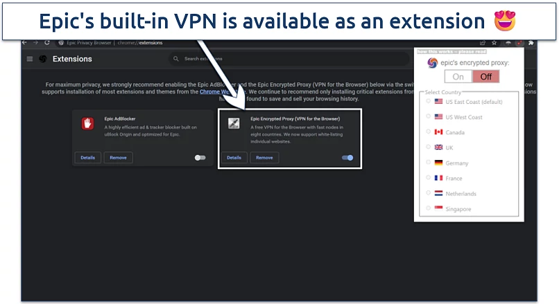 Image showing the extensions page of Epic browser