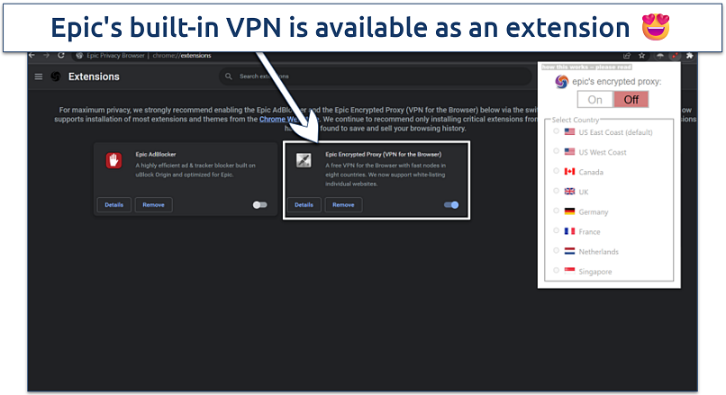 Image showing the extensions page of Epic browser
