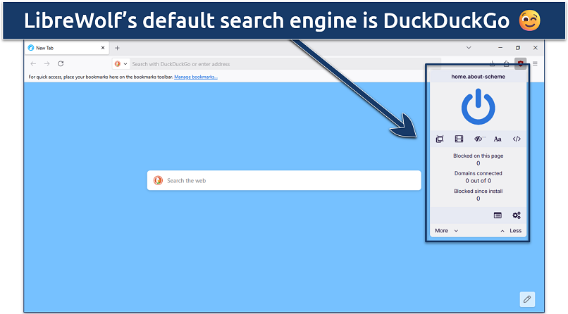 Image showing the homepage of LibreWolf with the ad blocker widget open