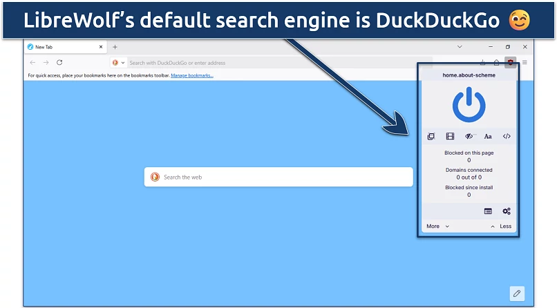 Image showing the homepage of LibreWolf with the ad blocker widget open