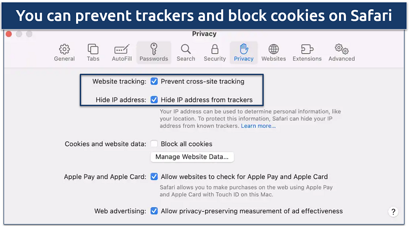 Screenshot of Safari Privacy settings panel