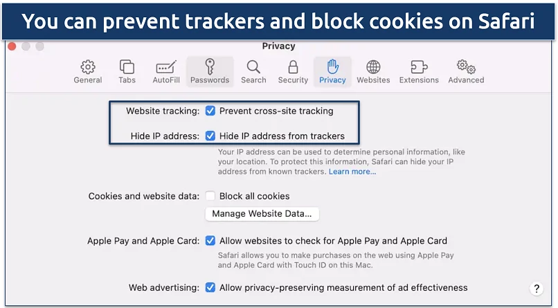 Screenshot of Safari Privacy settings panel