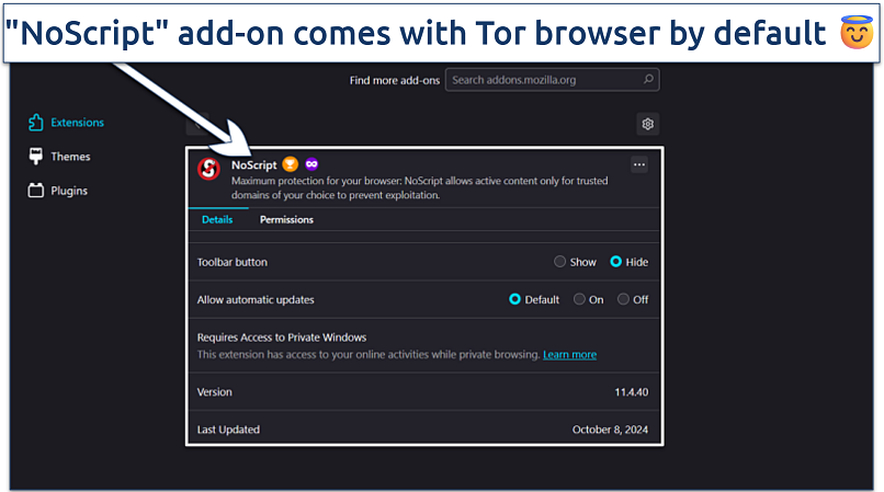 Image showing the extensions settings for Tor browser