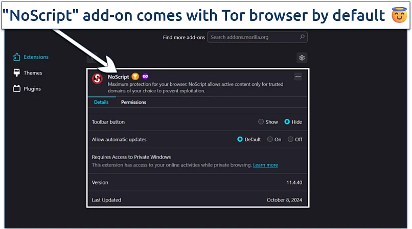 Image showing the extensions settings for Tor browser