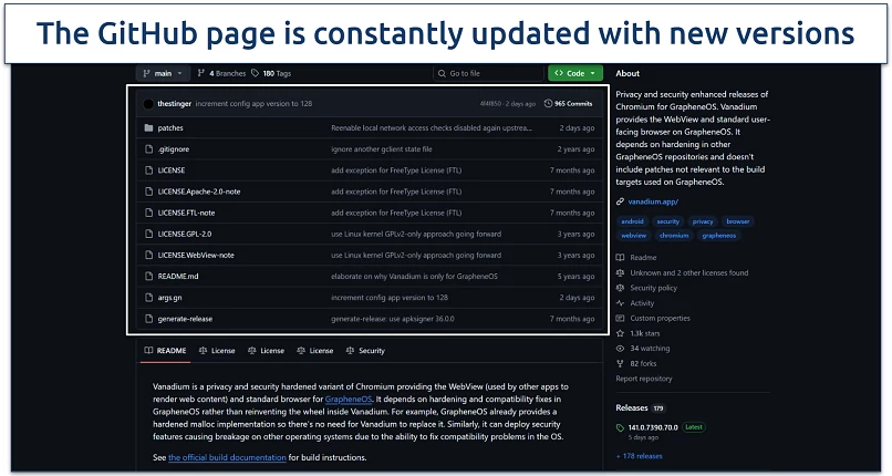 Image showing GitHub page for the Vanadium browser