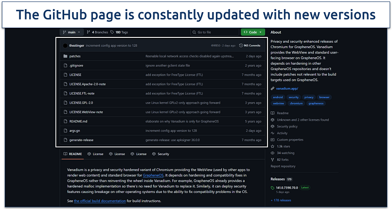 Image showing GitHub page for the Vanadium browser