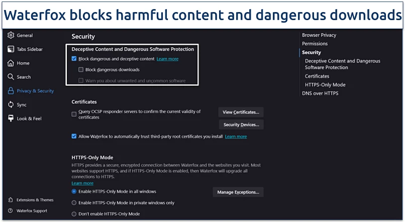 Image showing the privacy and security settings of Waterfox
