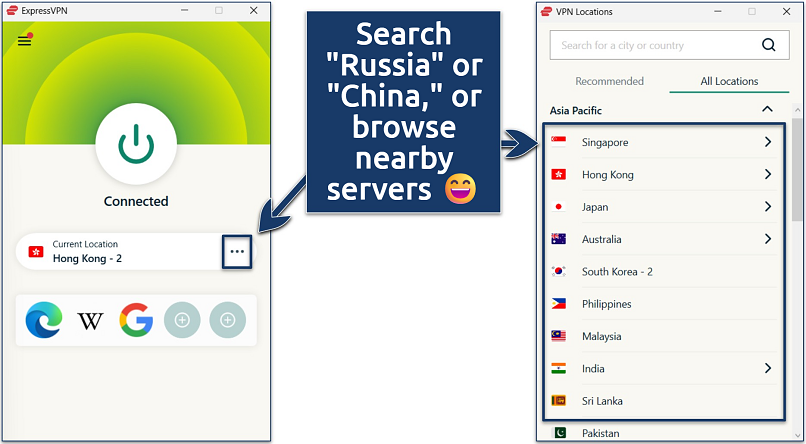 Screenshots of ExpressVPN with Hong Kong connected and server list open