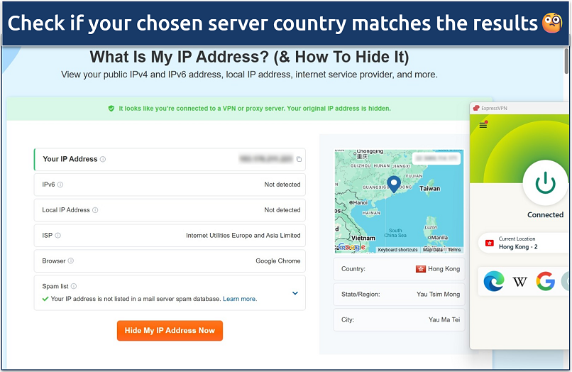 Screenshot of a successful IP leak test result while connected to ExpressVPN's Hong Kong server