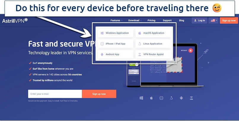 Screenshot of the Astrill VPN downloads menu