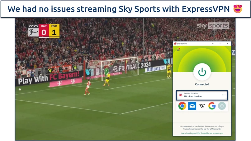 Screenshot of a VPN app streaming the Bundesliga on the Sky Sports app