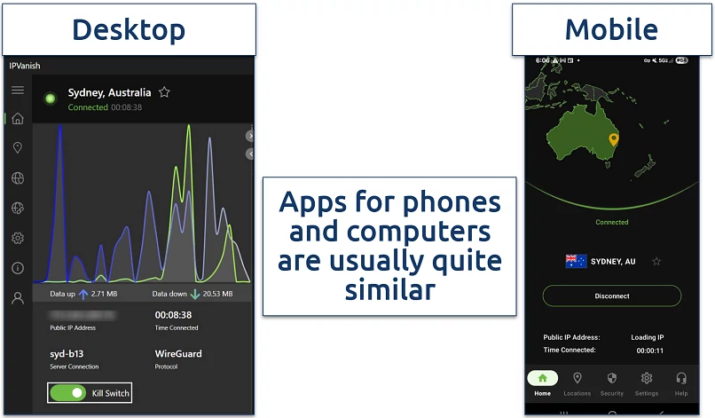 Screenshot of IPVanish connected to its Sydney server on both an Android and Windows device