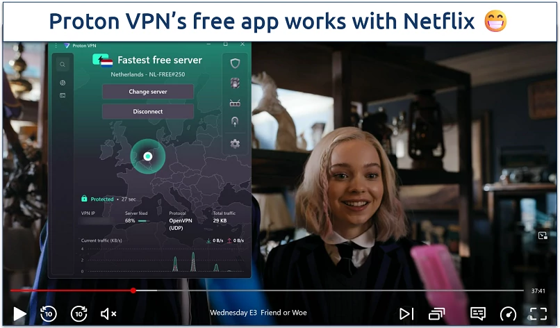 Screenshot of Proton VPN's free app connected to NL Free#250 while streaming Wednesday on Netflix