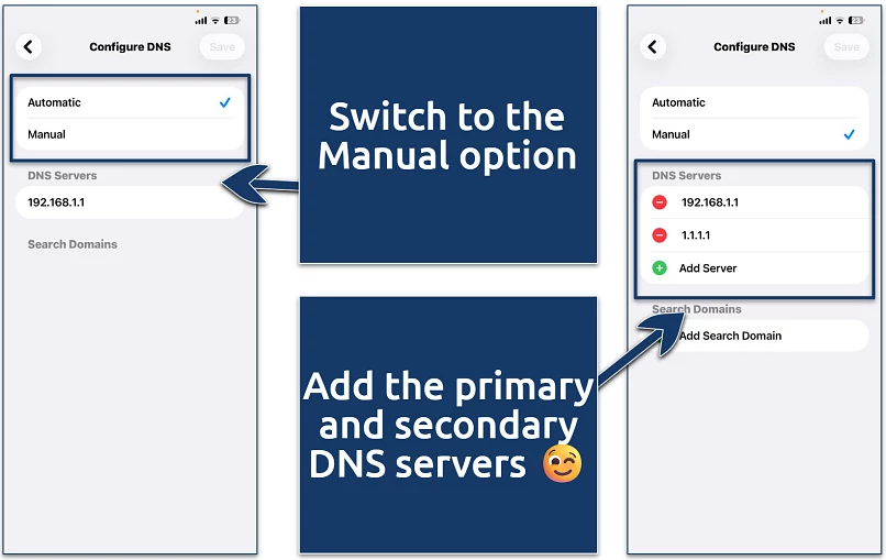 Screenshot of editing the network DNS settings in iOS