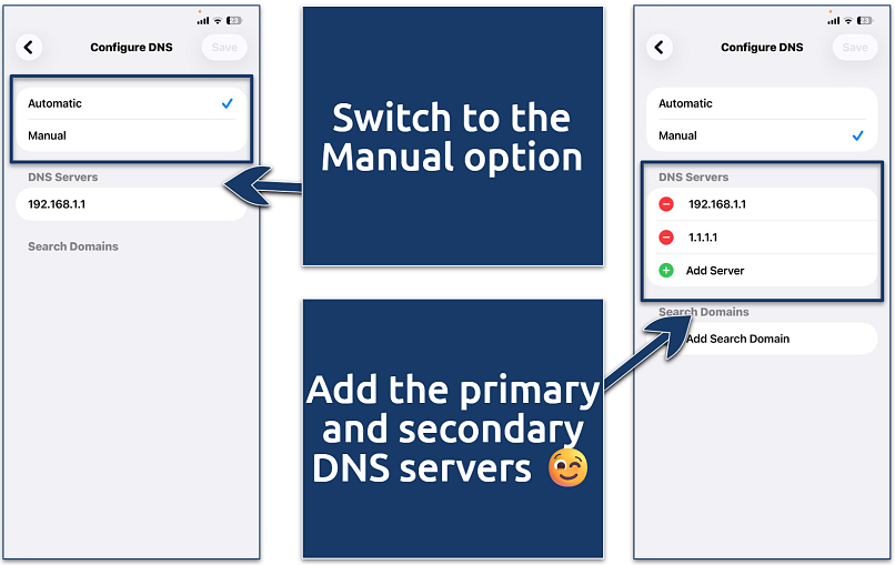 Screenshot of editing the network DNS settings in iOS
