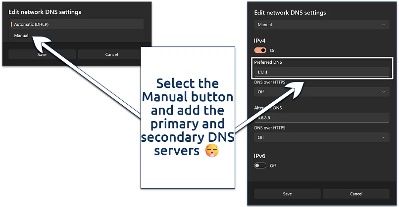 Screenshot of editing the network DNS settings in Windows