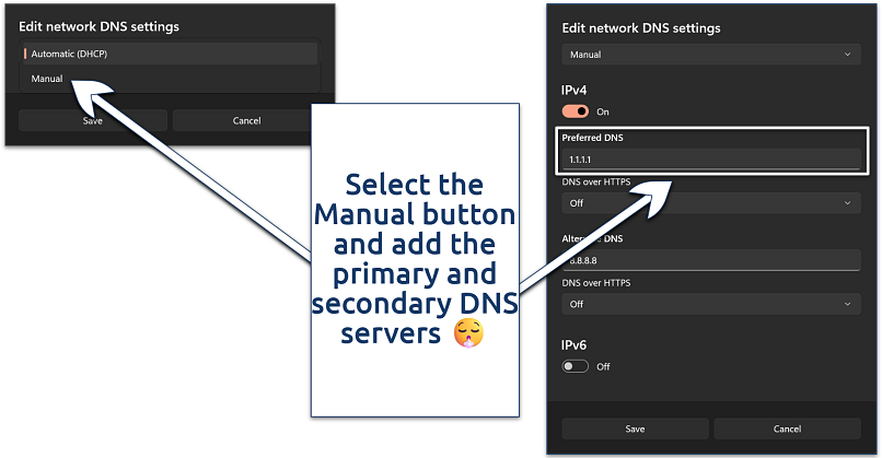 Screenshot of editing the network DNS settings in Windows