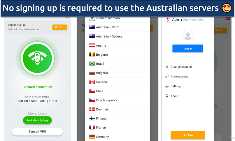 A screenshot showing Avira Phantom VPN mobile interfaces and free servers