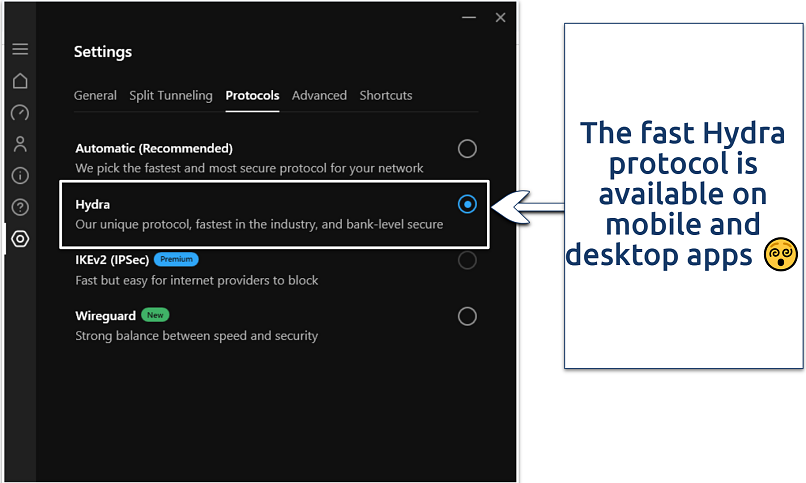 A screenshot showing Hotspot Shield app protocols
