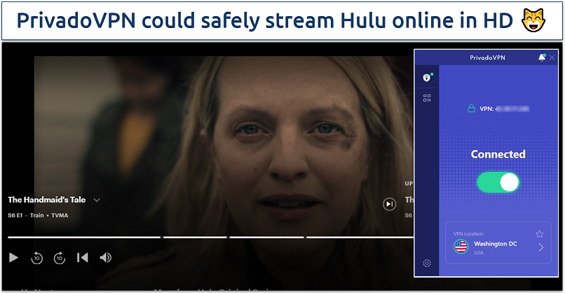 A screenshot showing streaming on Hulu with PrivadoVPN connected