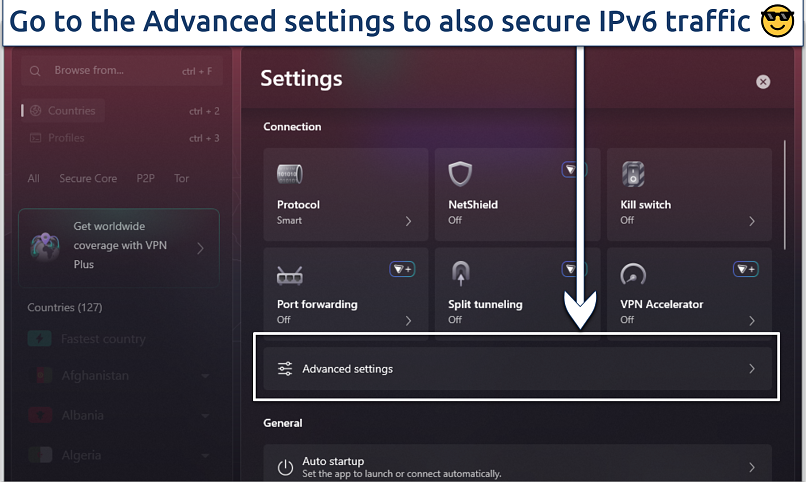 A screenshot showing Proton VPN security settings on the free app