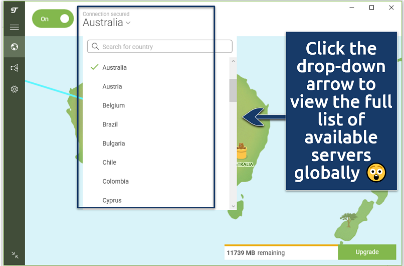 A screenshot showing TunnelBear server locations and app connected to Australia