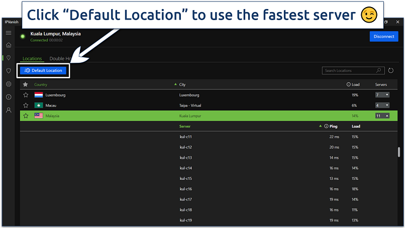 Screenshot of the IPVanish Windows app interface showing its expanded server selection and 