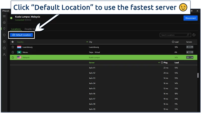 Screenshot of the IPVanish Windows app interface showing its expanded server selection and 