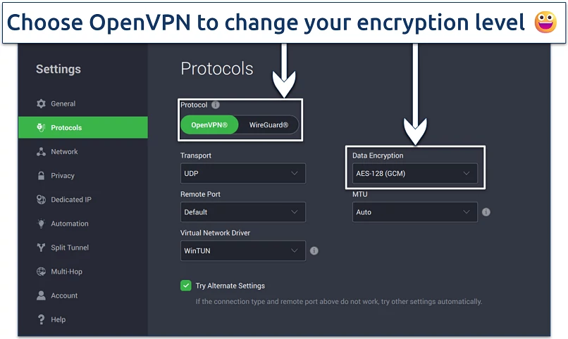 Screenshot of the PIA Windows app with its Protocols settings interface
