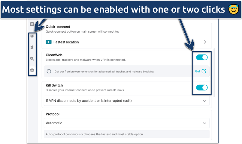 Screenshot of the Surfshark Windows app interface highlighting its navigation and settings interface