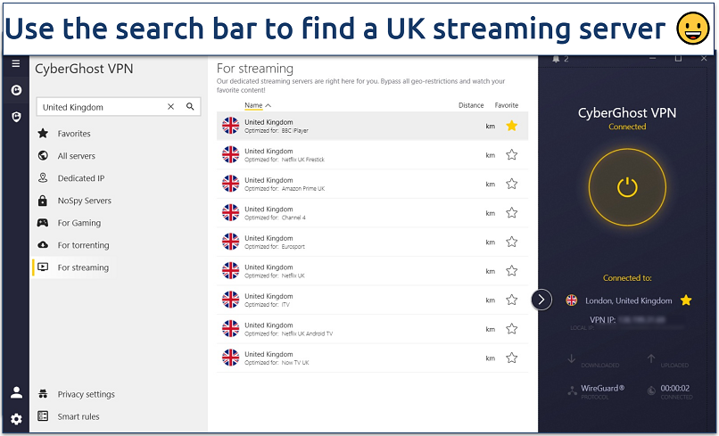 Screenshot of CyberGhost's Windows' app connected to the BBC iPlayer optimized server 