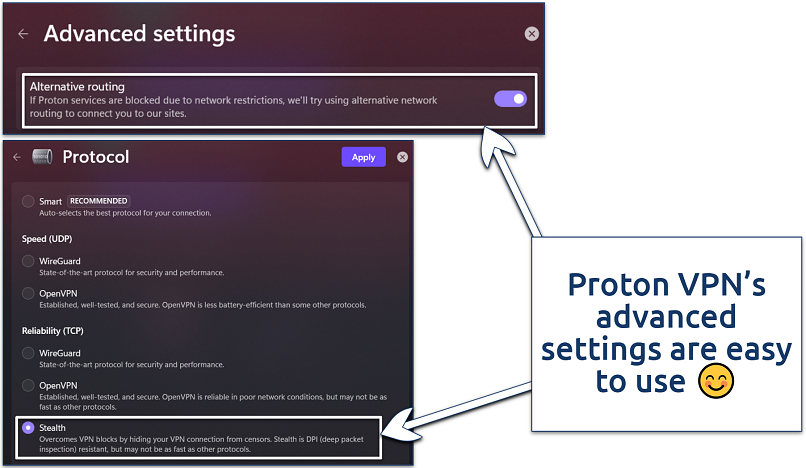 Screenshot of Proton VPN's Alternative routing and Stealth VPN settings