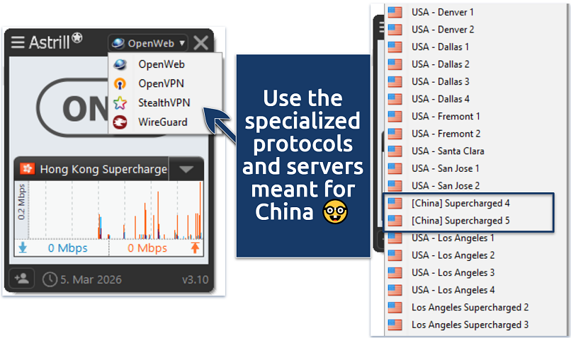 A screenshot showing Astrill VPN tunnels and supercharged servers for China and the US