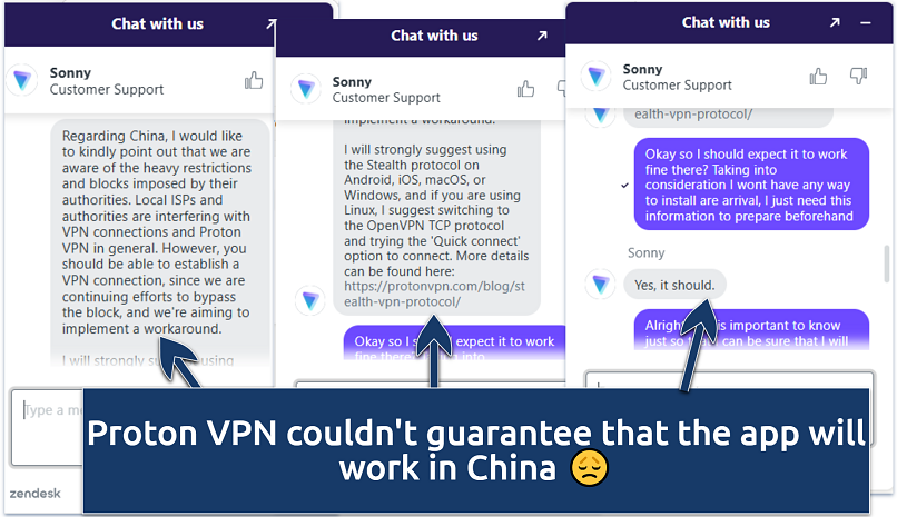 A screenshot showing chats with Proton VPN support about using the app in China