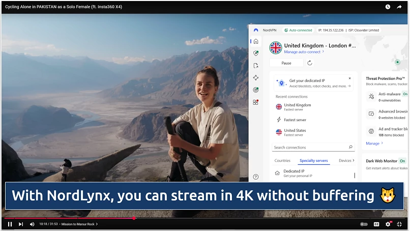 Screenshot of YouTube Premium streaming through NordVPN connected to UK server