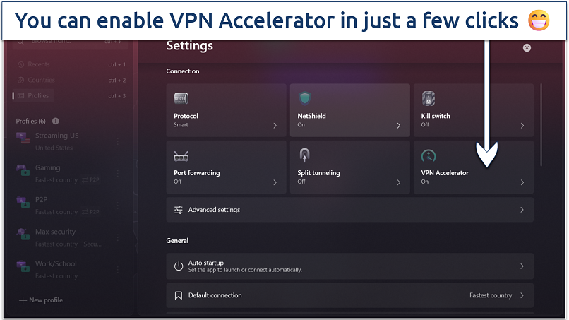 Screenshot of Proton VPN settings page showing the VPN Accelerator toggle enabled